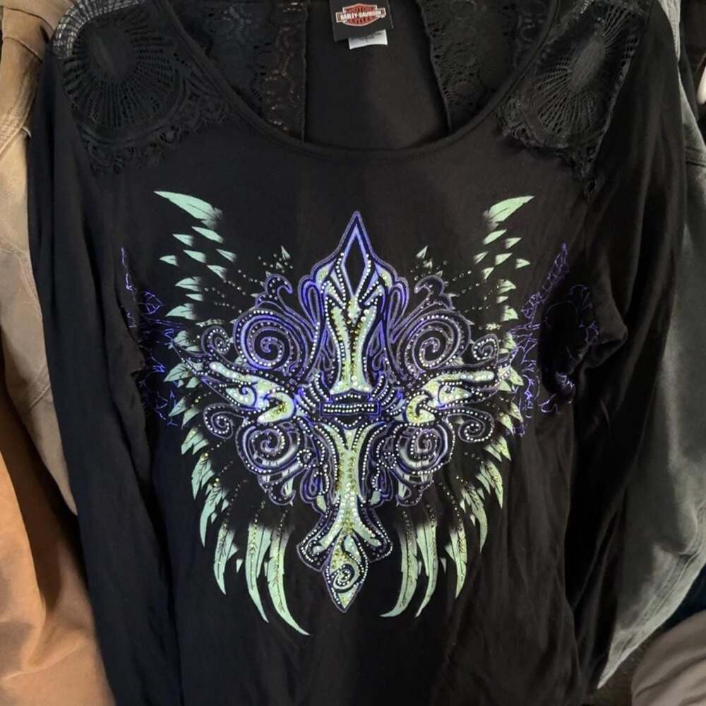 Harley-Davidson Embellished Cross Lace Panel Long Sleeve Shirt